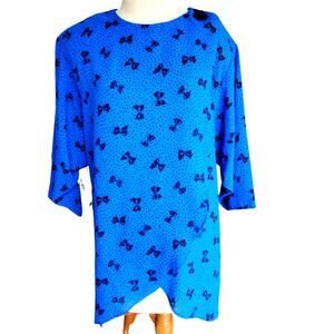 Vintage 80s Bow Accent Blue Blouse Size Large
